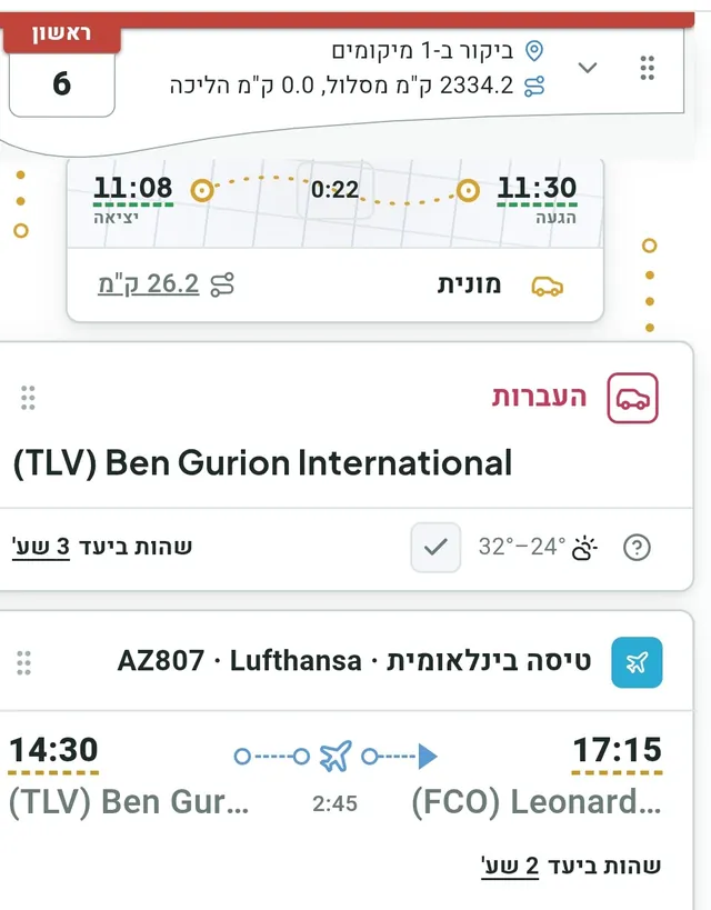 צילום מסך של אפליקציית MyTrip Builder — תצוגת מסלול יומי מפורט