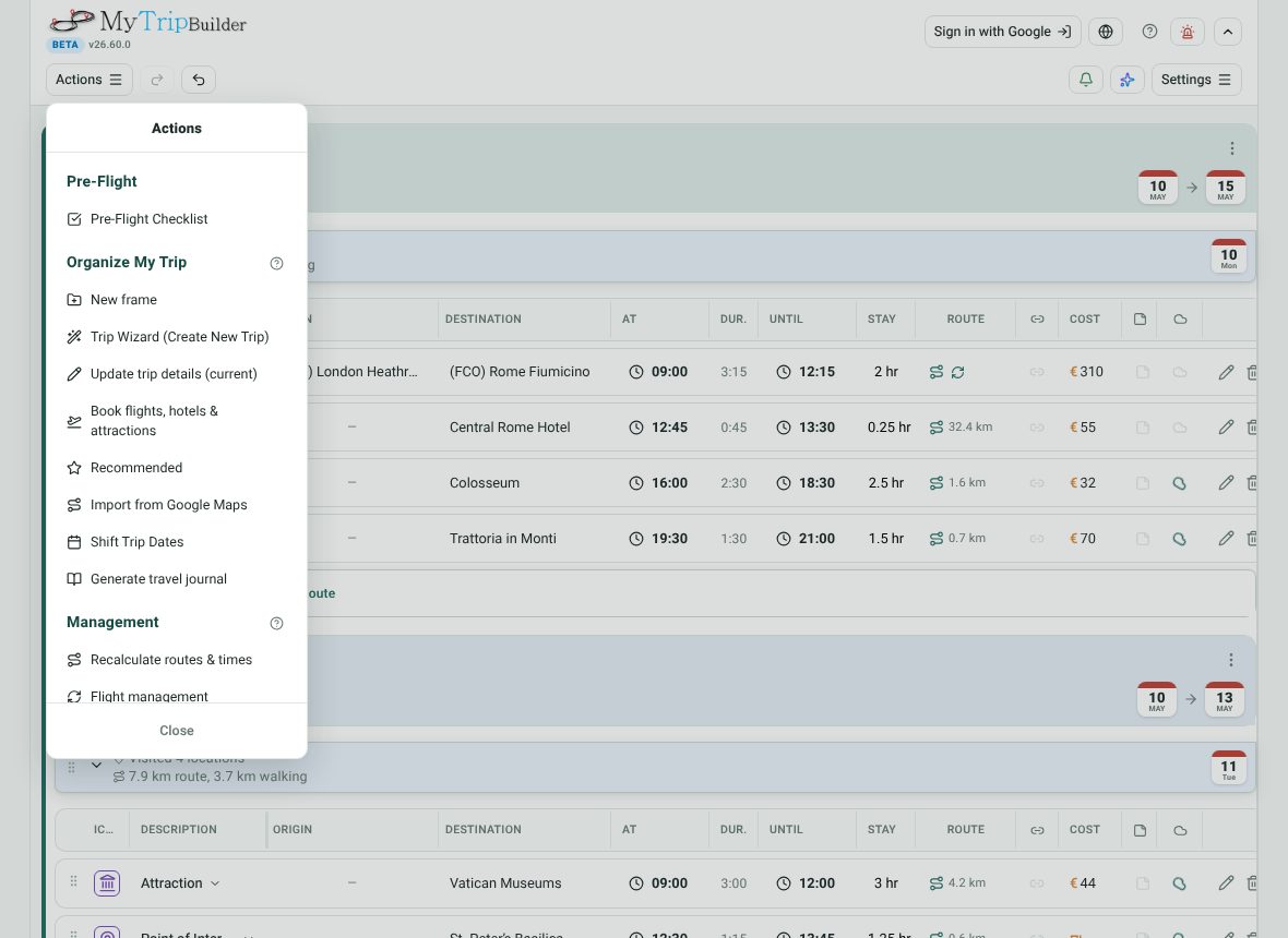 The Actions menu open on top of the trip, listing the Trip Wizard, update trip details, book flights and hotels, recommended places and more