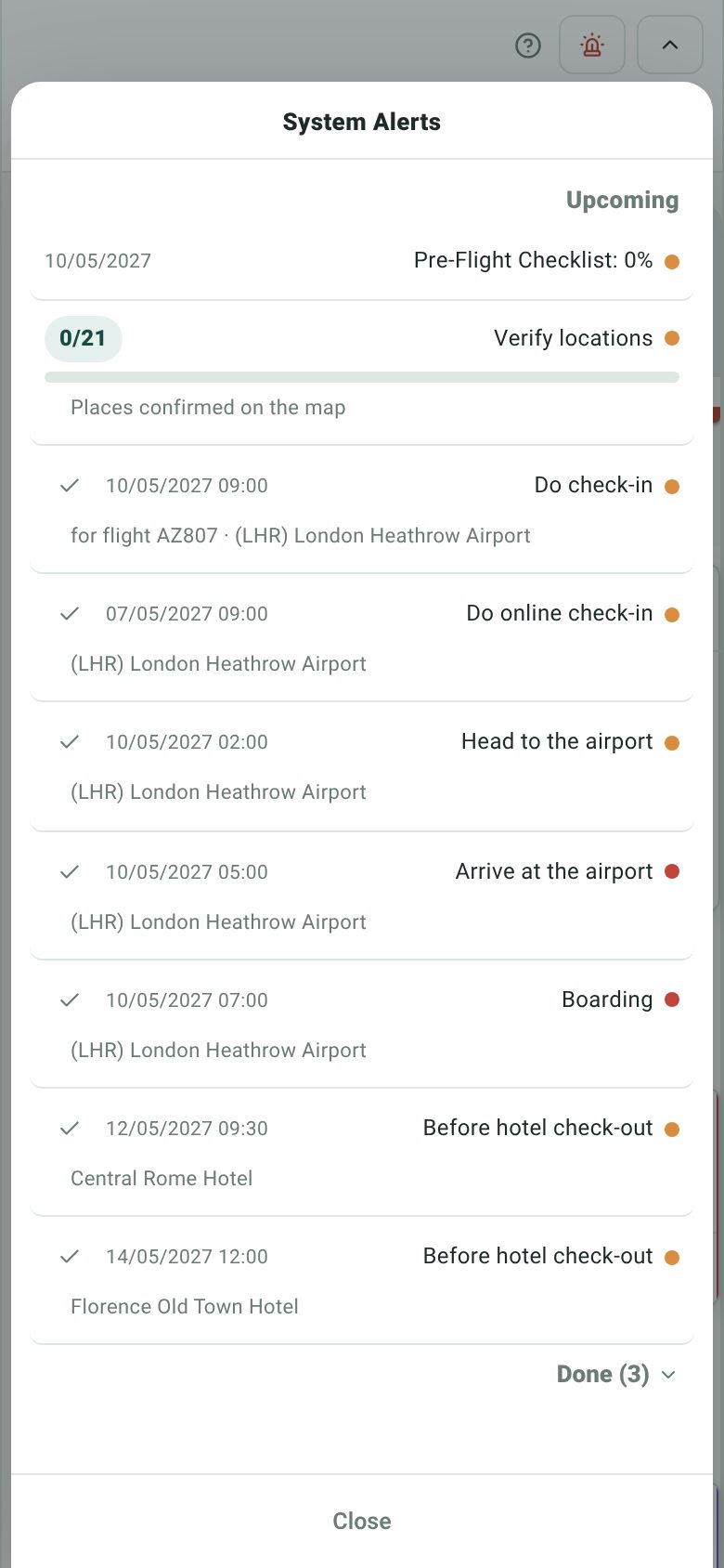 Two phone screens: a day as cards with the walking and bus legs between places, and the alerts list with flight reminders and planning progress