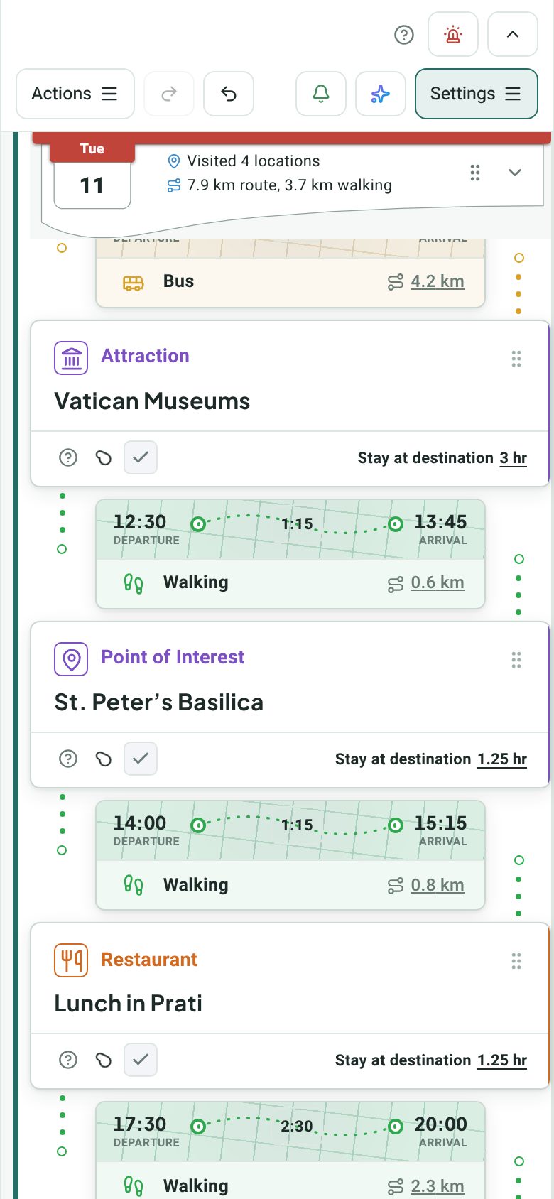 Two phone screens: a day as cards with the walking and bus legs between places, and the alerts list with flight reminders and planning progress