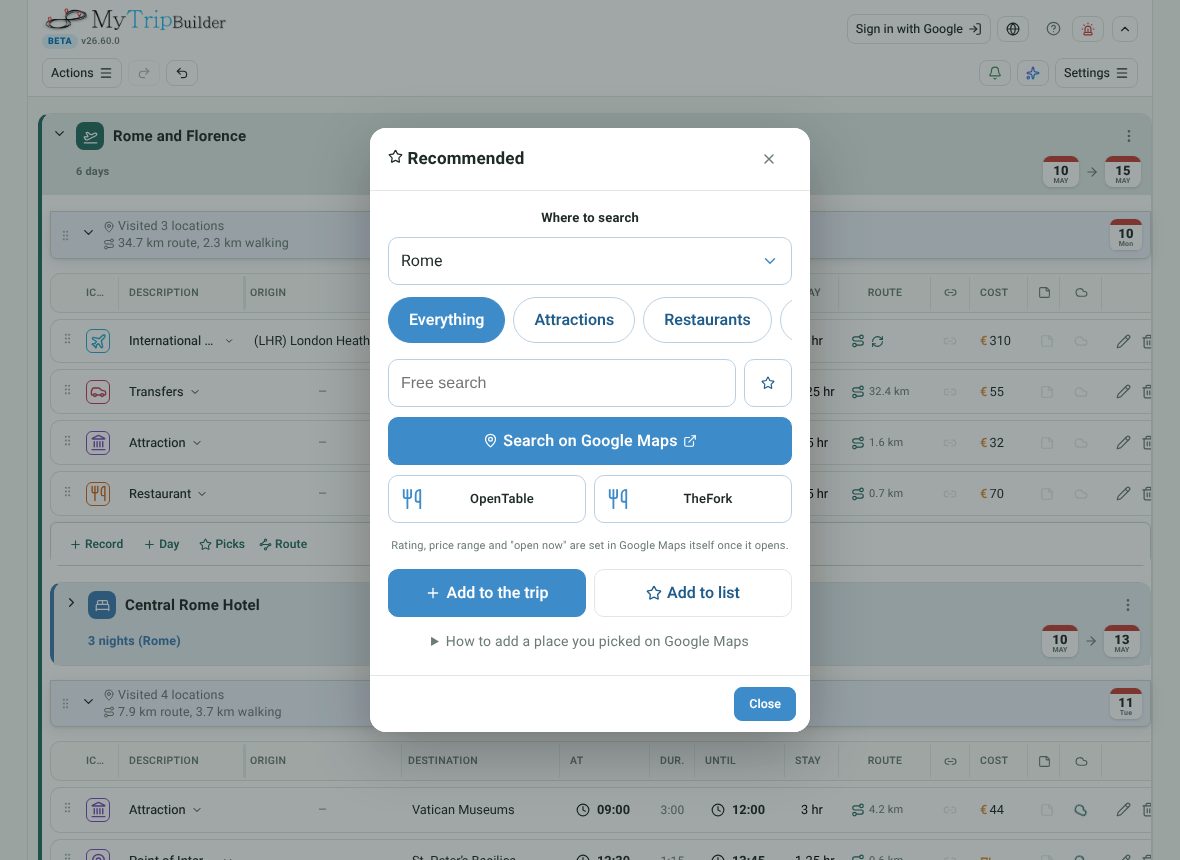 The Recommended page with an area picker, category buttons, a free search box and buttons to search on Google Maps, add to the trip or add to a list