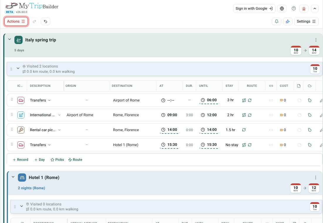 A trip template built by the wizard, showing the first day with a transfer, a flight, a rental car pick-up and a transfer to the hotel