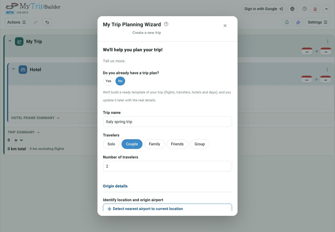 The Trip Planning Wizard with the trip name filled in and the questions about travelers, origin and destinations
